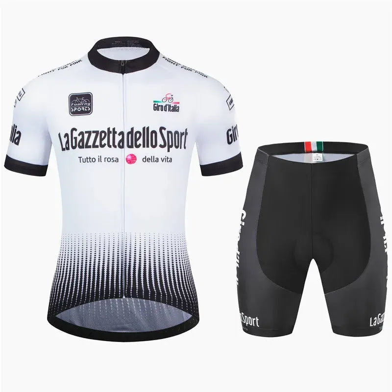 Short sleeve cycling jersey in a colour option, laid flat to show unisex cut and breathable polyester fabric.