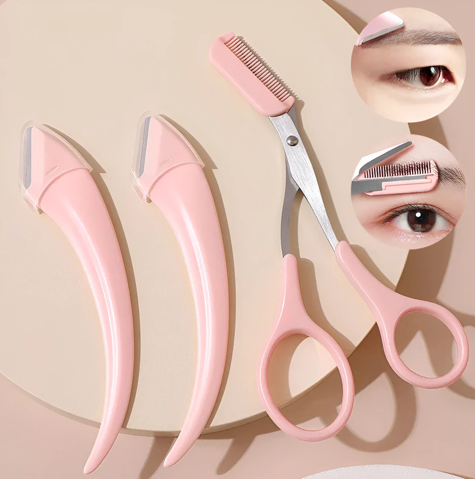 Curved moon eyebrow trimming knife set with comb in stainless steel and plastic