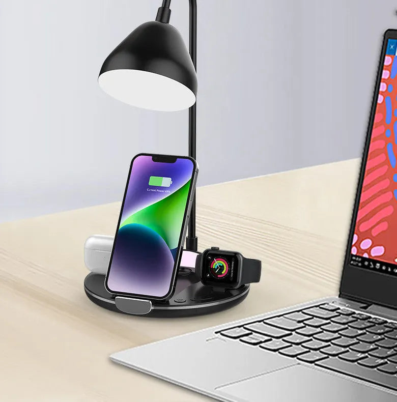 Black and white magnetic folding wireless charger showing extended and folded positions