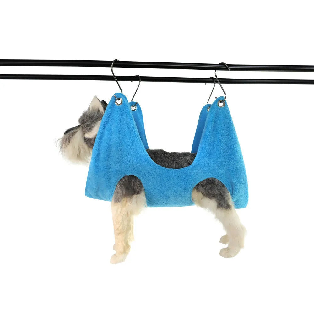 Dog grooming hammock in blue cloth for bathing and nail trimming for small medium large dogs and cats