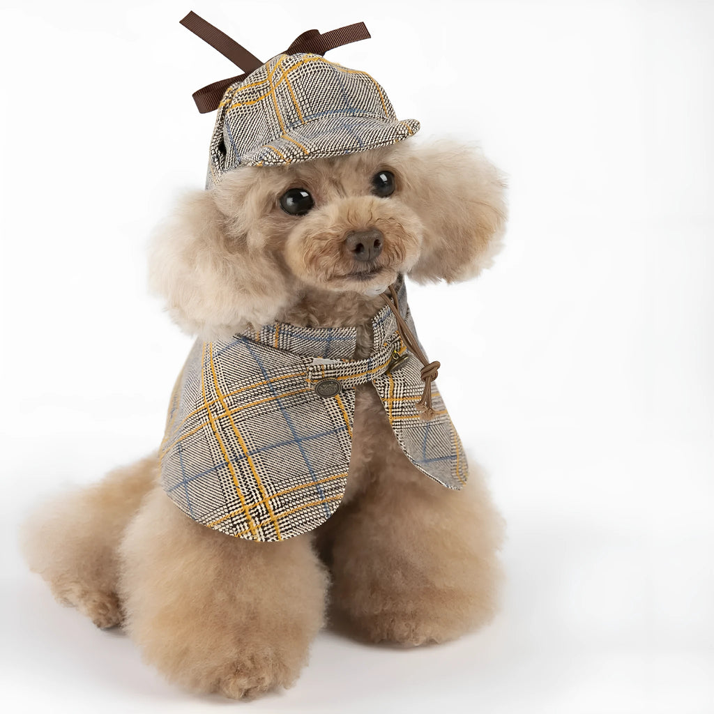 Camel-coloured detective suit style pet cloak with adjustable hat for dogs or cats