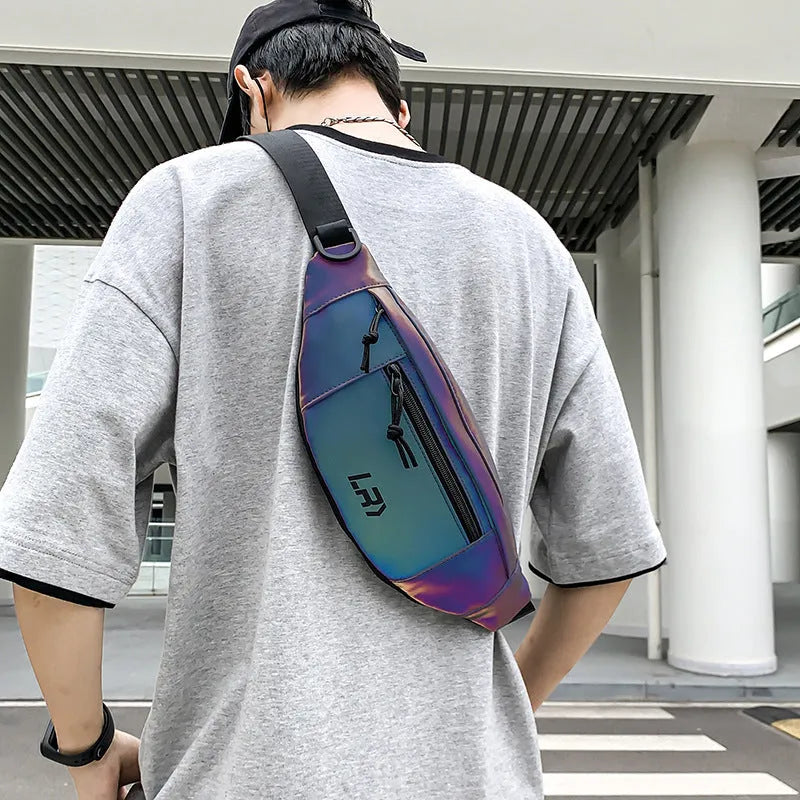 Blue reflective crossbody cycling bag made from Oxford cloth with a soft handle.