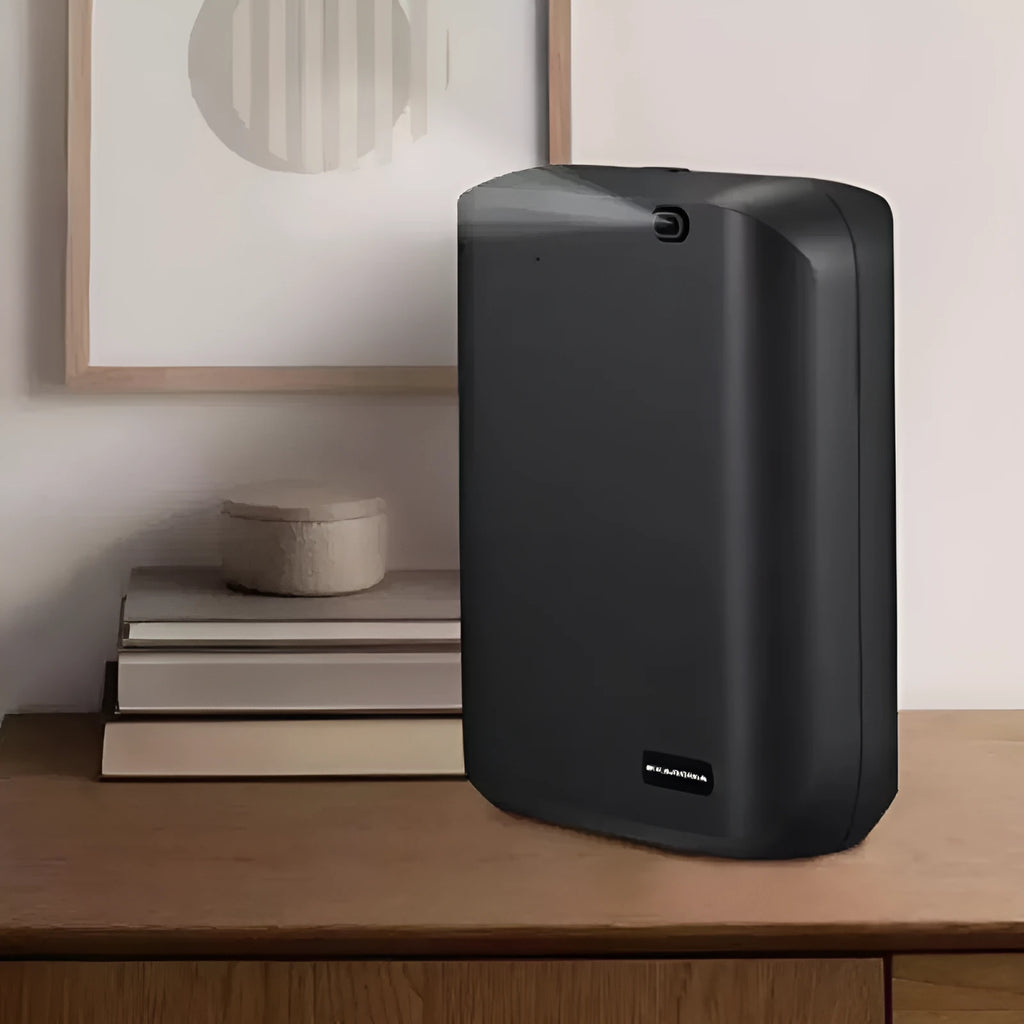White wall mount smart essential oil diffuser with app control and 150ml capacity.