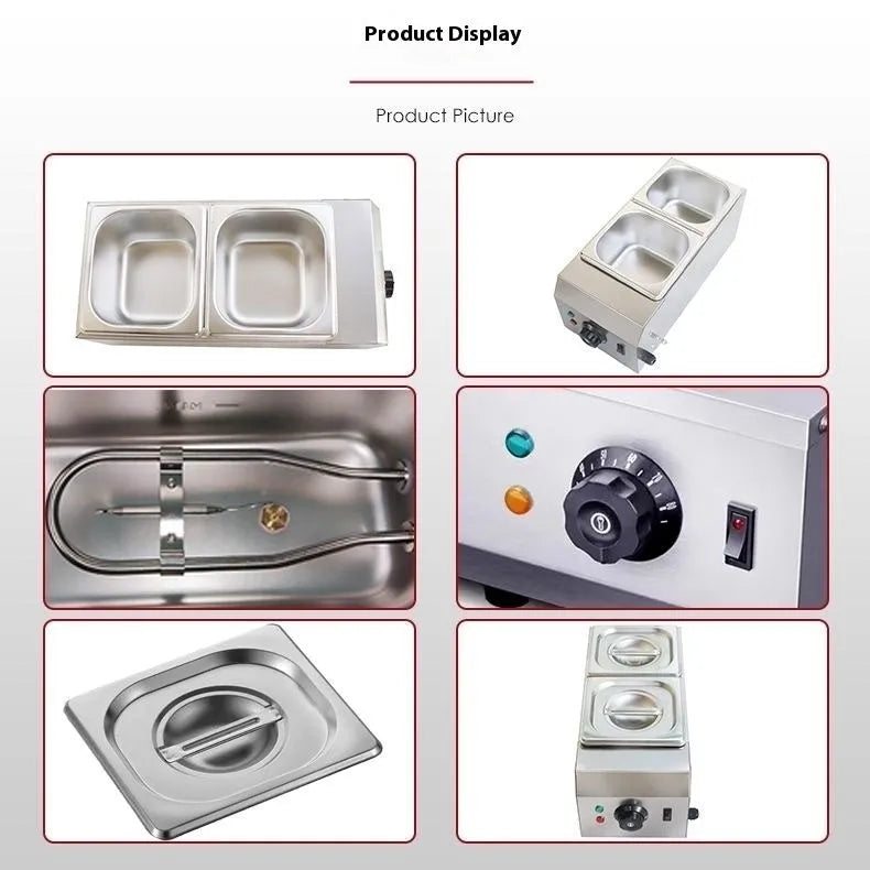 Commercial electric chocolate melting machine with double pot and temperature control display.