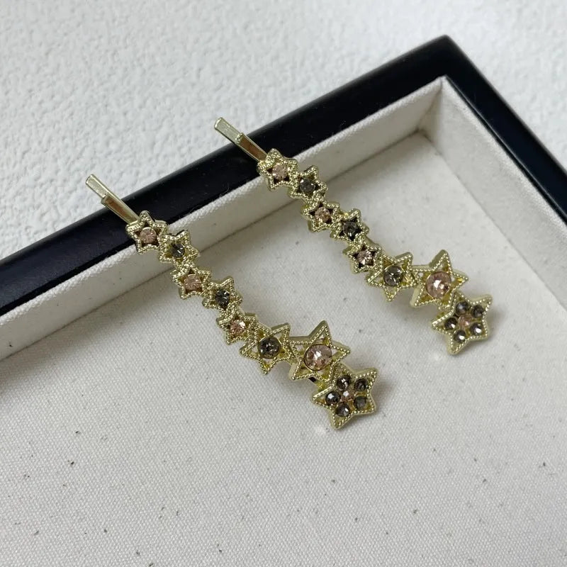 Gold rhinestone barrettes hair clip with five-pointed star design for side hair and bangs