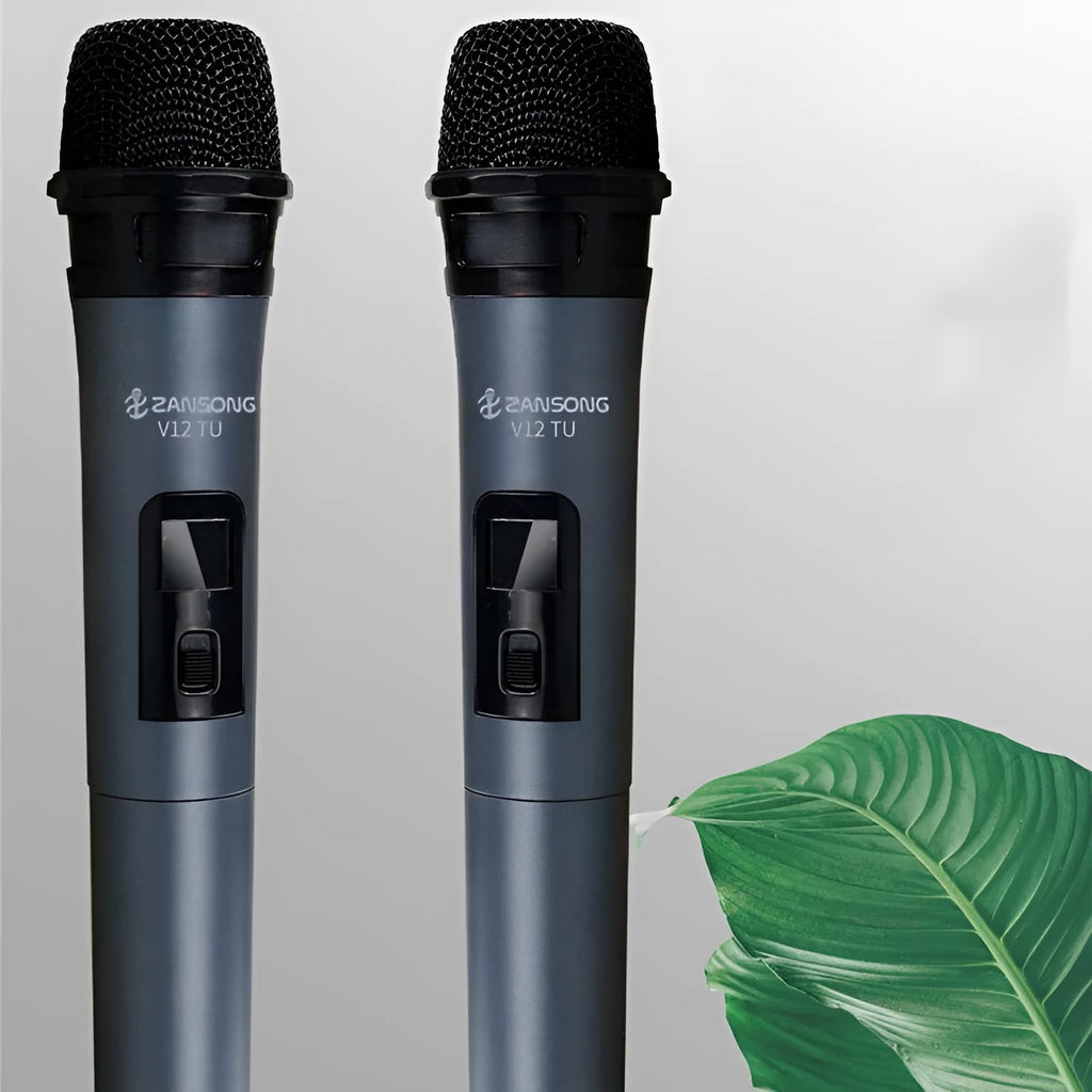 Black V12 handheld dynamic microphone with USB receiver and audio cable for computer and amplifier connection