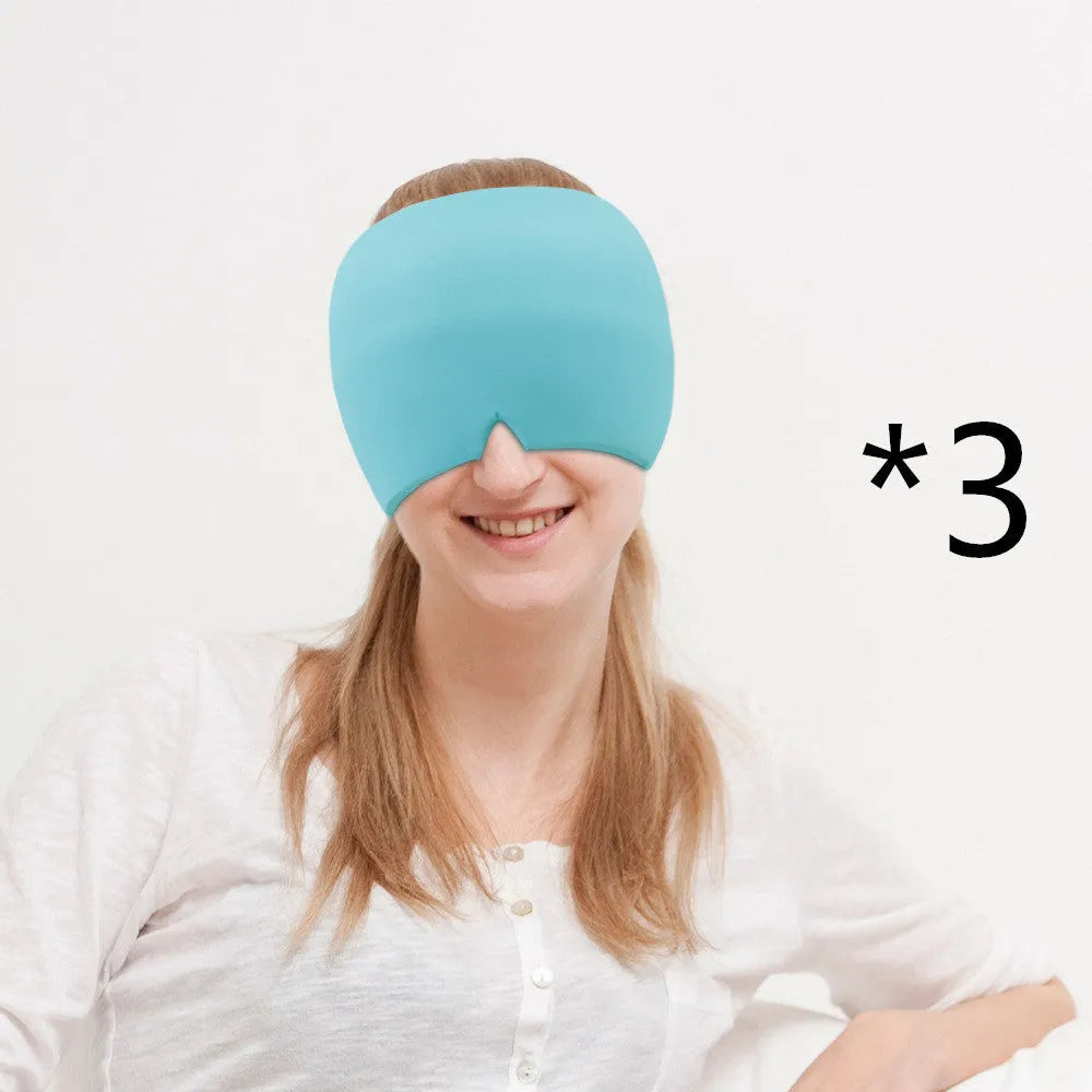 Black reusable gel ice mask for eyes and forehead on a white background