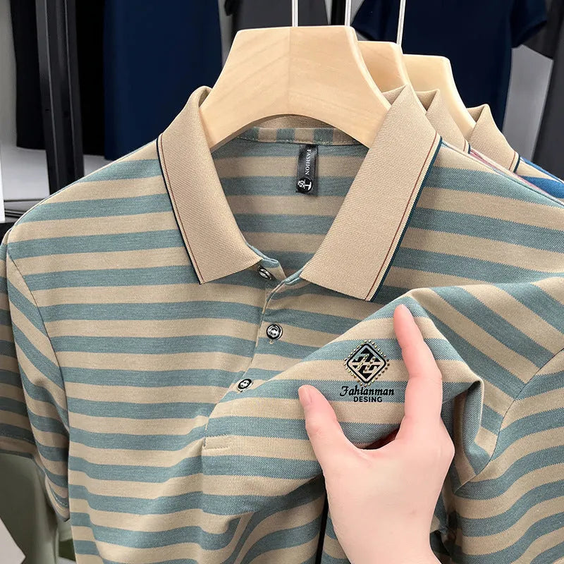 Men's striped short sleeve shirt with mosaic pattern in polyester fabric