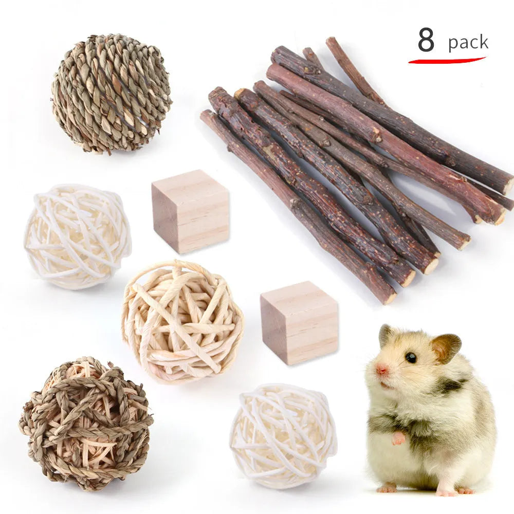Assortment of wooden pet toys for rabbits guinea pigs and parrots in a set