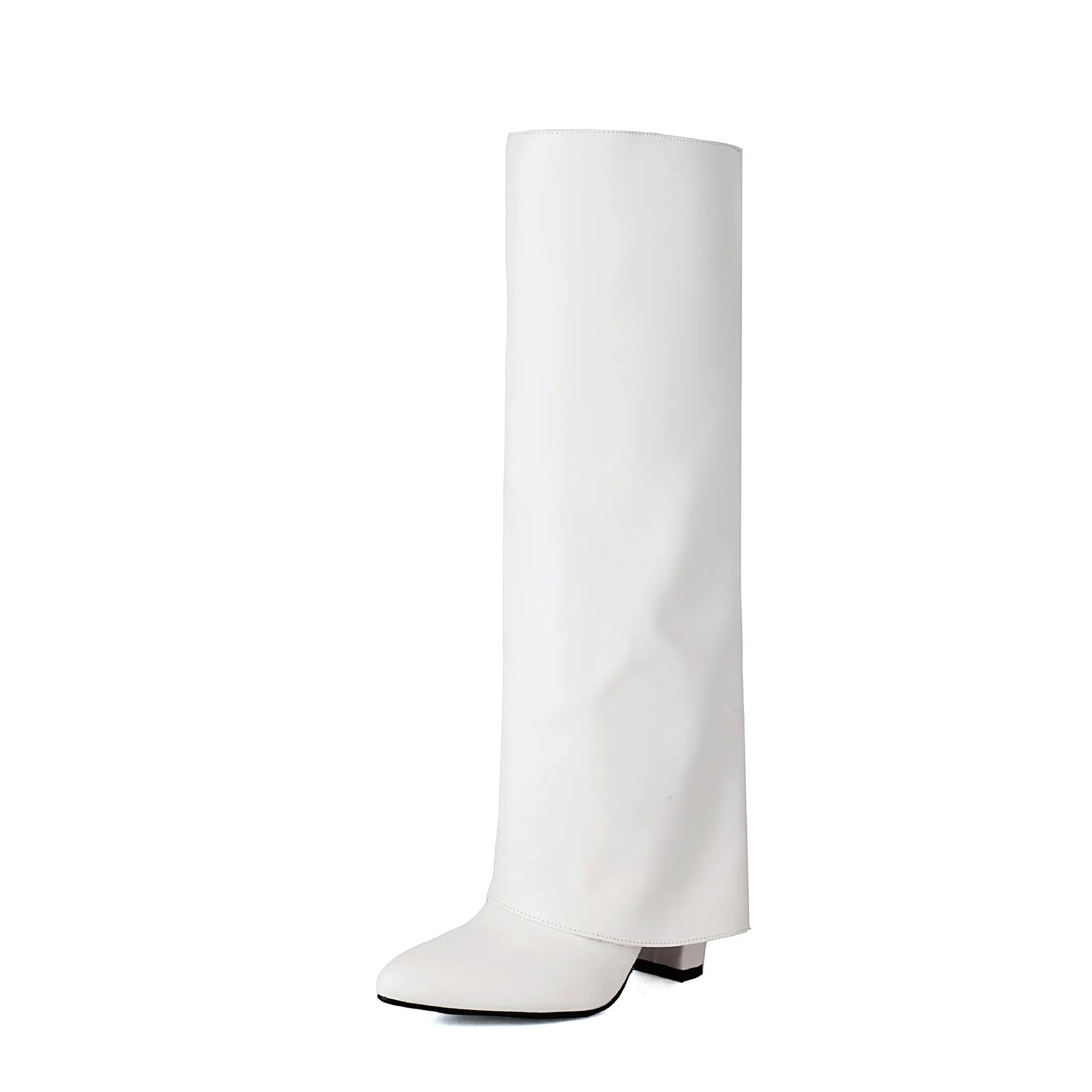 Women's plus size high heel winter boots in black PU leather with sewing line details