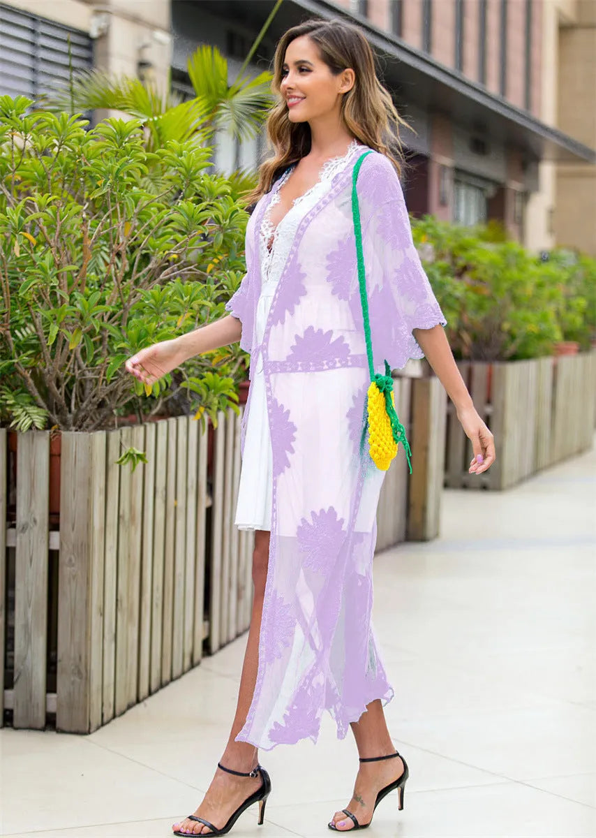 Light purple beach dress with lace embroidery details and cotton blend lining for swimming and beachwear