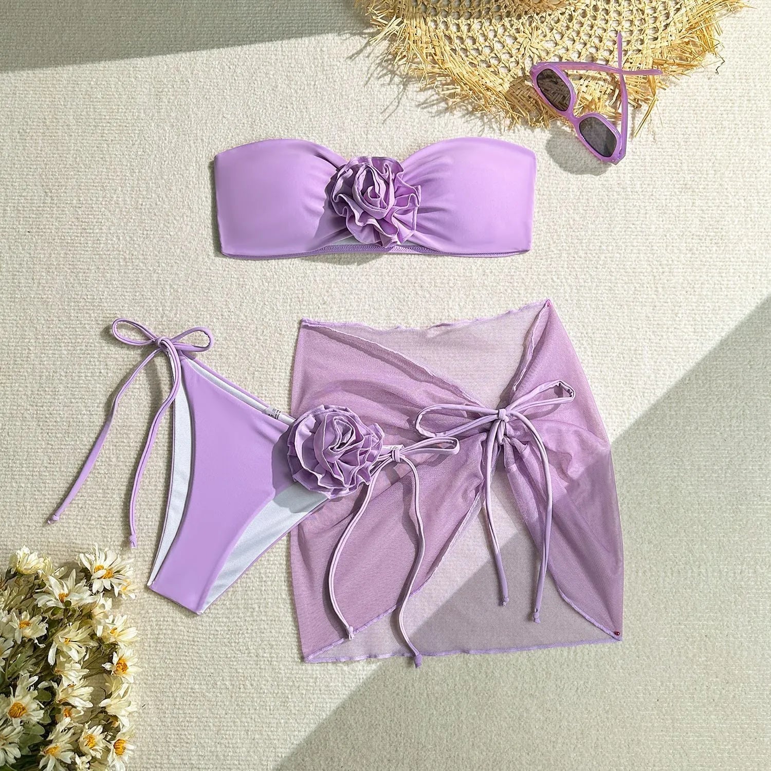 Women's pink swimsuit tube top with three-dimensional flower tie design and matching skirt