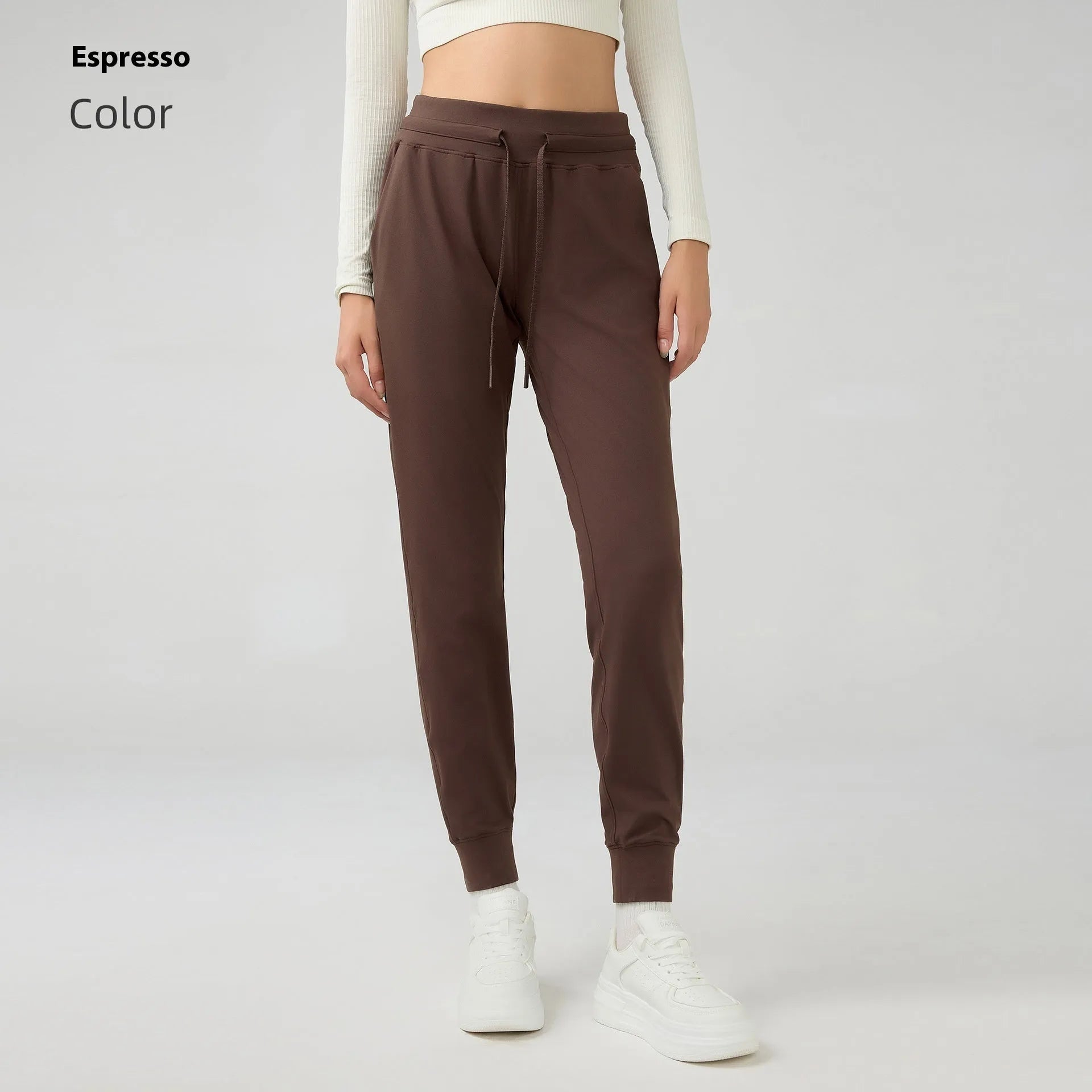 Women's high waist yoga pants in cotton blend fabric with drawstring waist in Belgian Blue colour