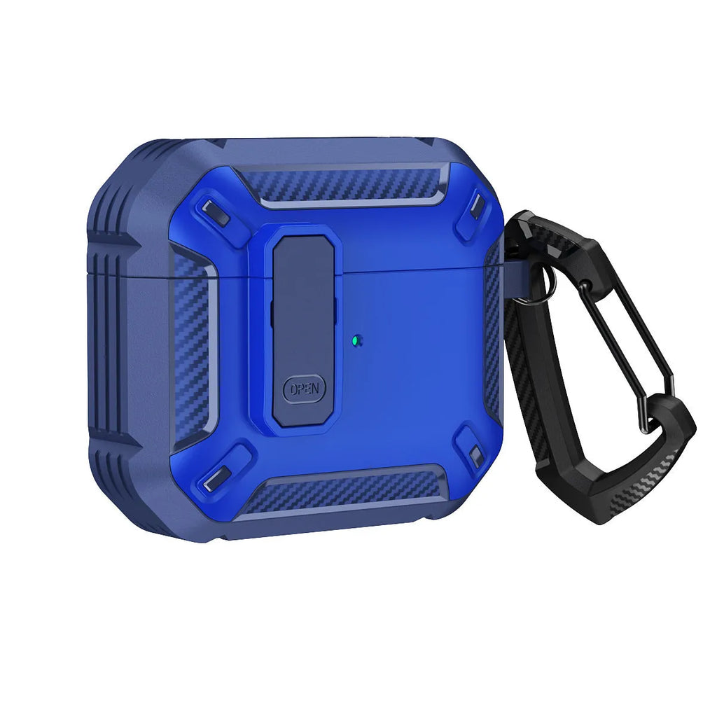 Plastic clamshell protective case for Apple AirPods with a detachable metal hook in two-tone black and blue colour.