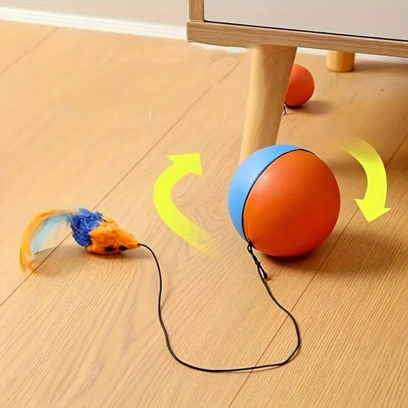 Blue and orange interactive cat toy ball with plush mouse attachment measuring 8.5cm cube