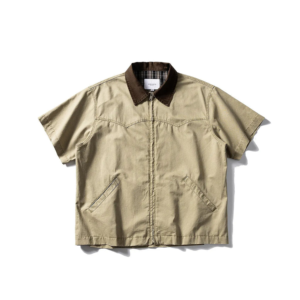 Men's washed cotton overall shirt with short sleeves in loose fit cardigan style, shown in khaki colour