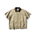 Men's washed cotton overall shirt with short sleeves in loose fit cardigan style, shown in khaki colour