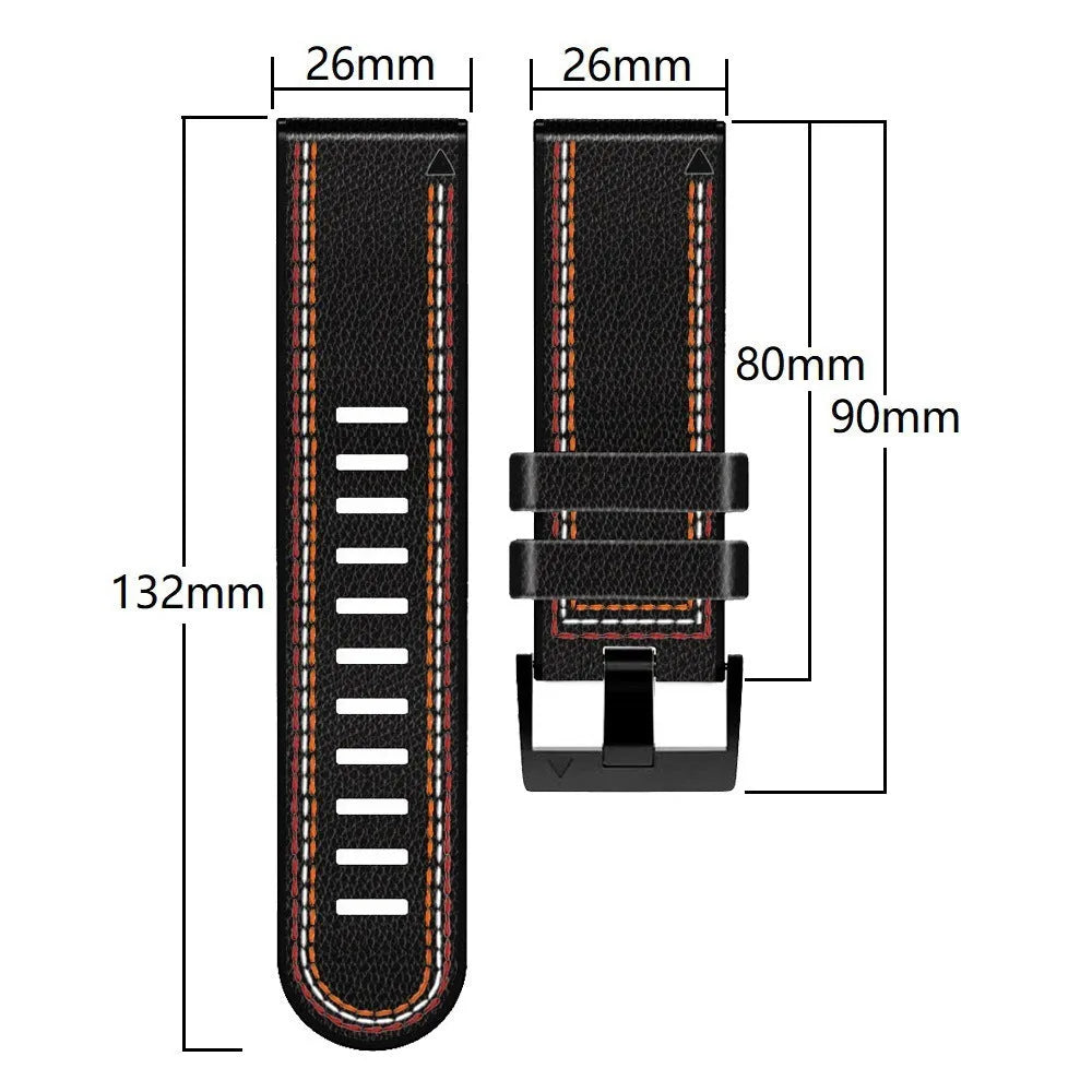 Silicone leather quick release watch strap for Garmin Fenix smartwatch in black, shown next to 22mm and 26mm size options.