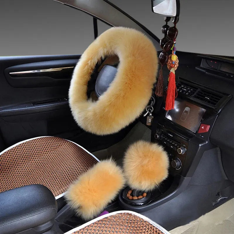 Wool and cashmere blend steering wheel cover and two matching handle covers set for 38cm diameter wheels.