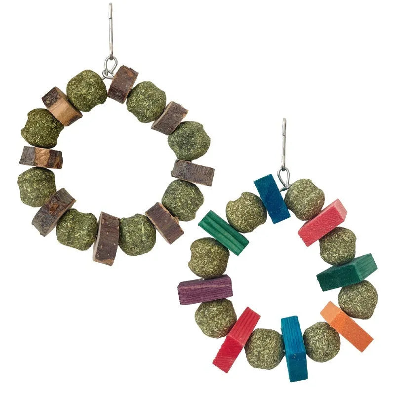 Hamster chew toy with decorative straw ball ring for guinea pigs and rabbits
