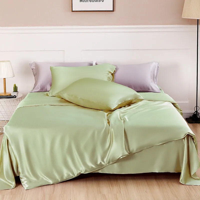 Silk double-sided duvet cover in solid colours Lotus Pink, pea green, bright brown, mysterious purple, white, and silver blue.