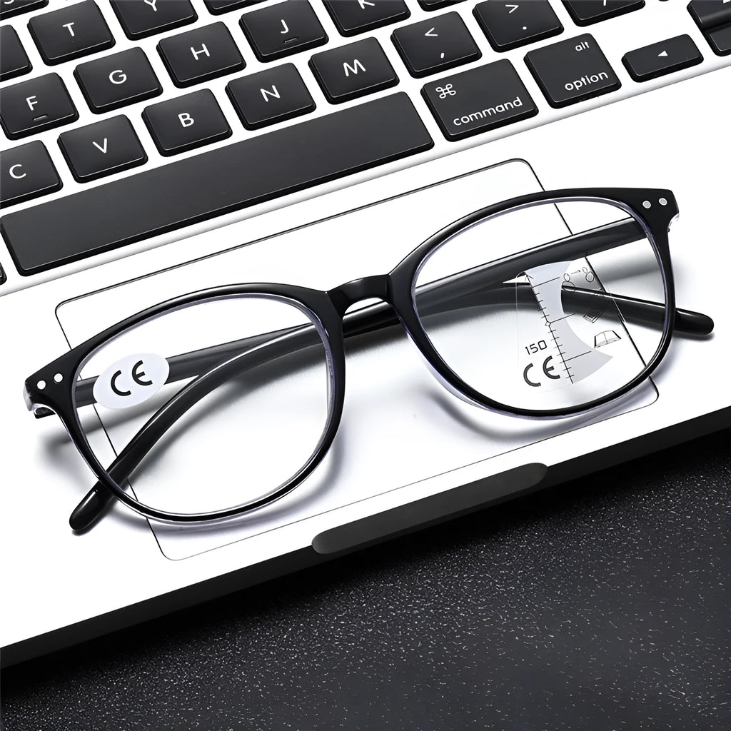 Women's ultra-light presbyopic glasses with multi-focus lenses in various frame colour options