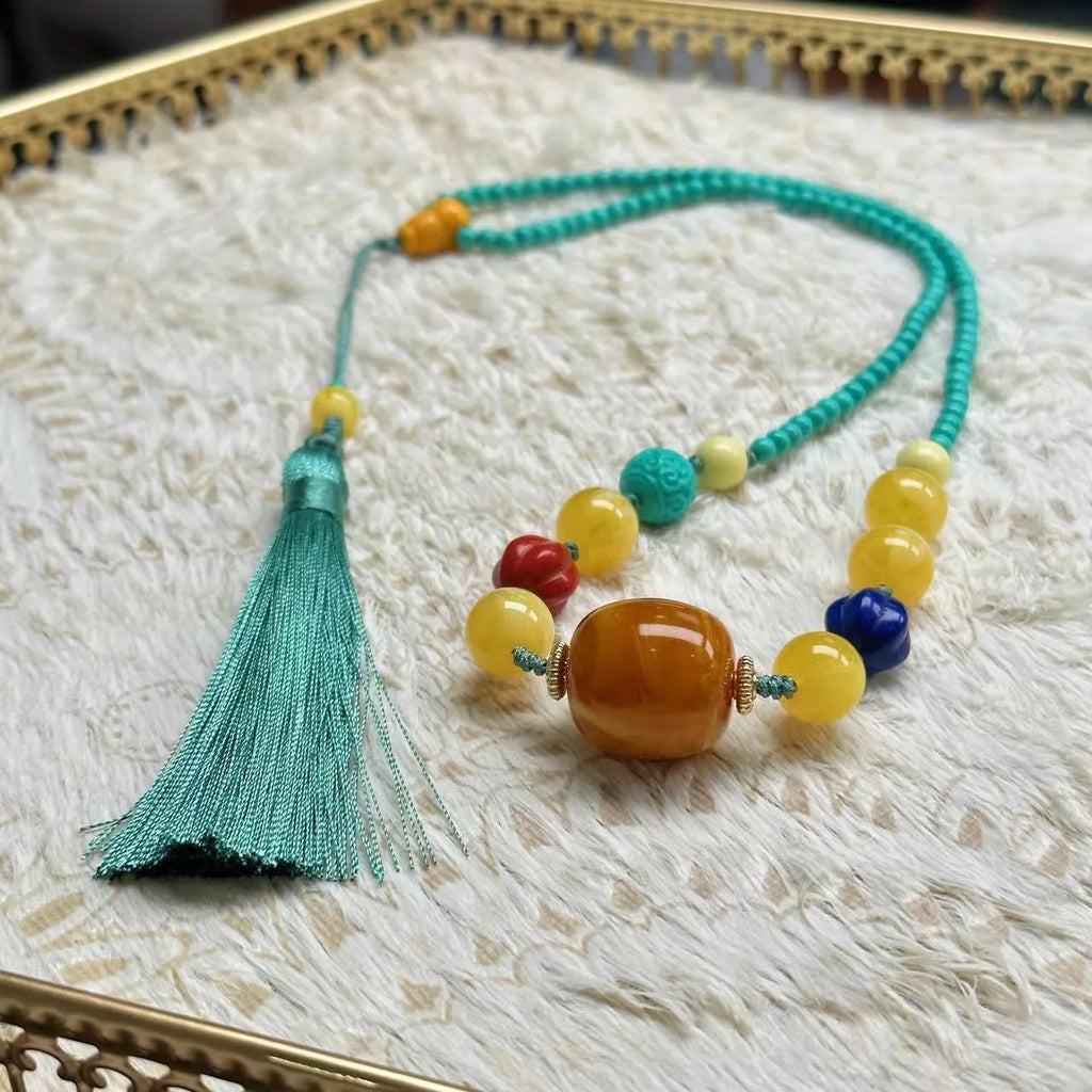 Turquoise mesh flower pendant necklace with adjustable ball bead chain