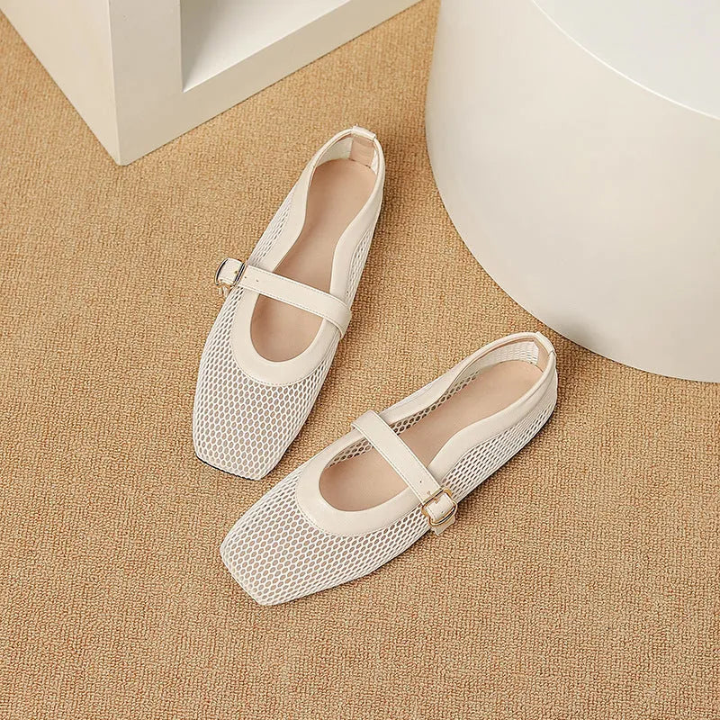 Women's breathable mesh hollow out pumps with buckle fastening and low flat heel