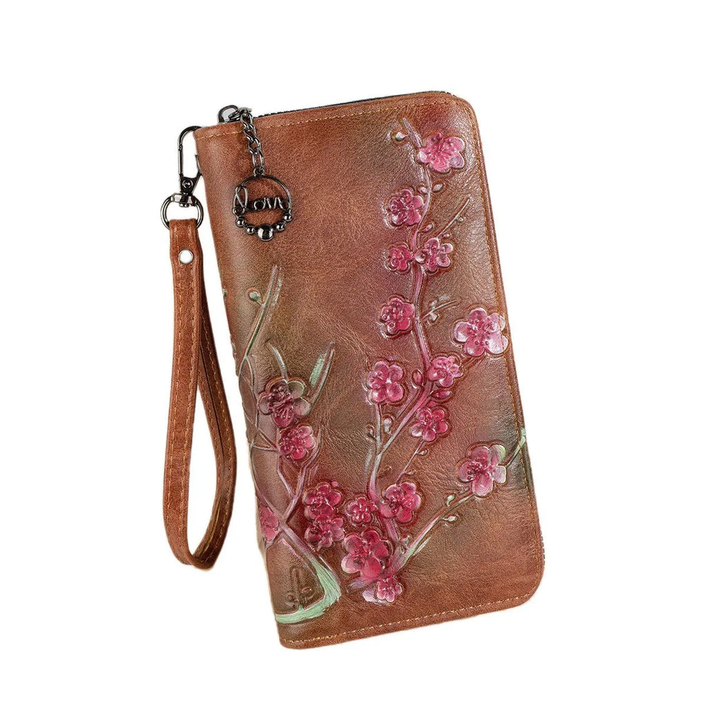 Chinese style floral embossed handbag with hand-painted pattern and zip closure