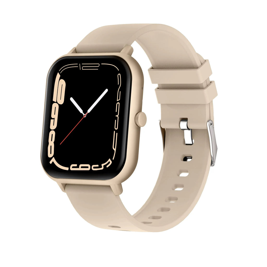 Bluetooth smart watch with heart rate monitor on wrist, showing TFT screen, available in black, silver gray, pink, khaki.