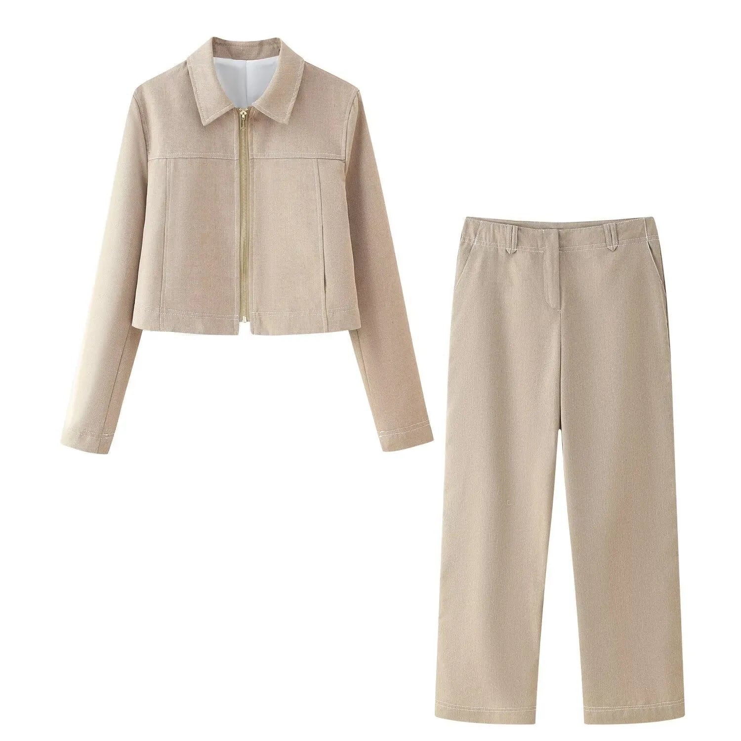 Women's long sleeve jacket and straight-leg trousers suit with a grey 3D herringbone pattern
