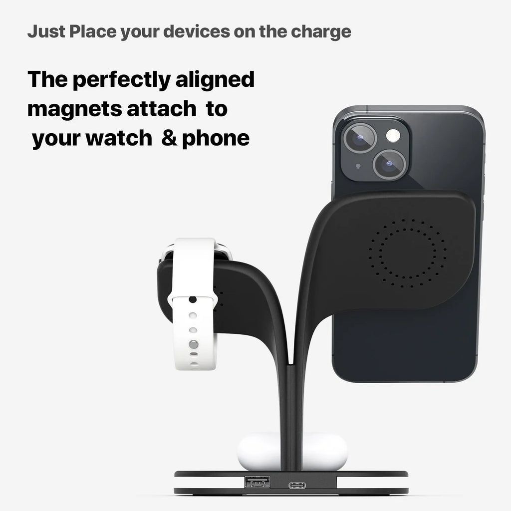 Black 3-in-1 wireless charging stand for phone, watch and headphones on a desk