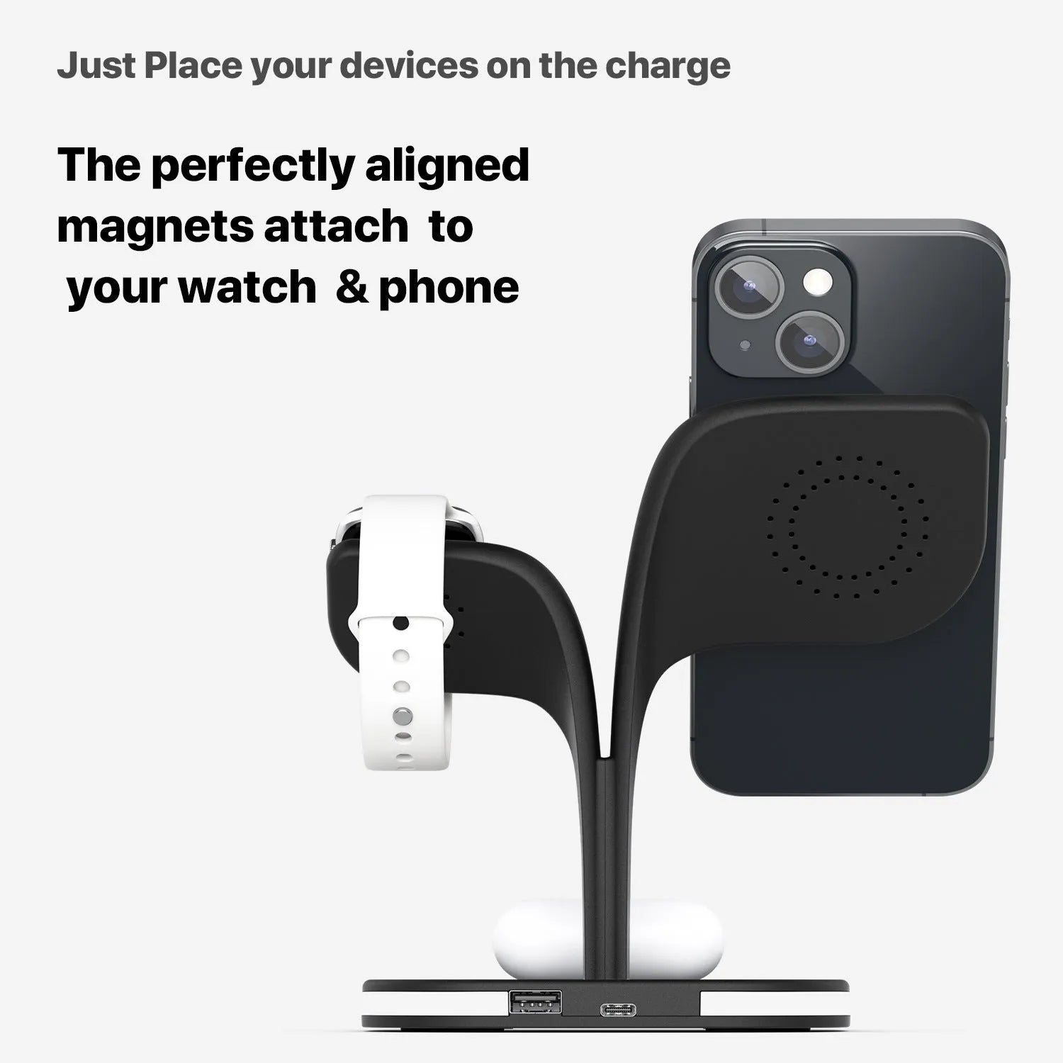 Black 3-in-1 wireless charging stand for phone, watch and headphones on a desk