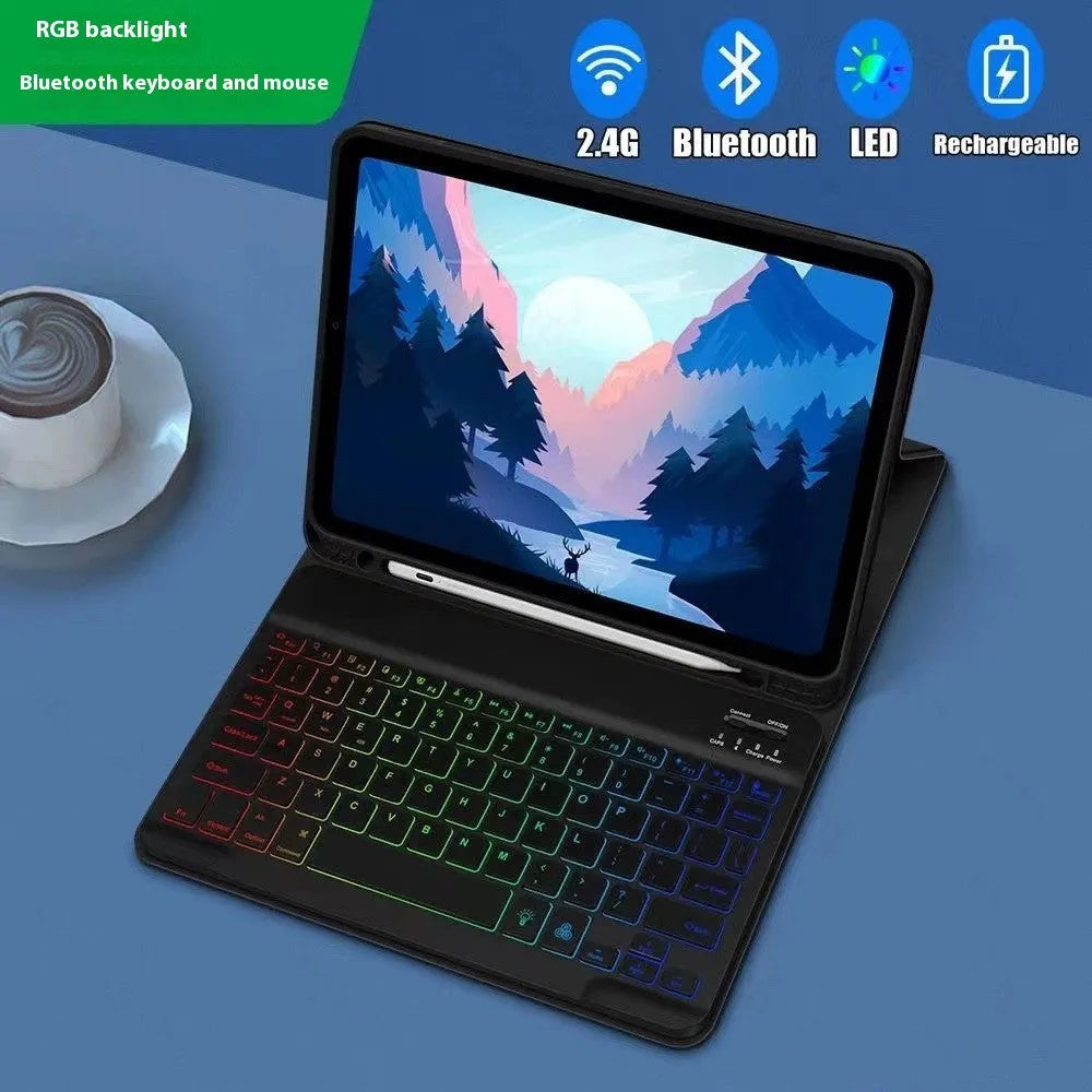 iPad leather protective case with built-in luminous RGB backlit Bluetooth keyboard and optional mouse in various colours.