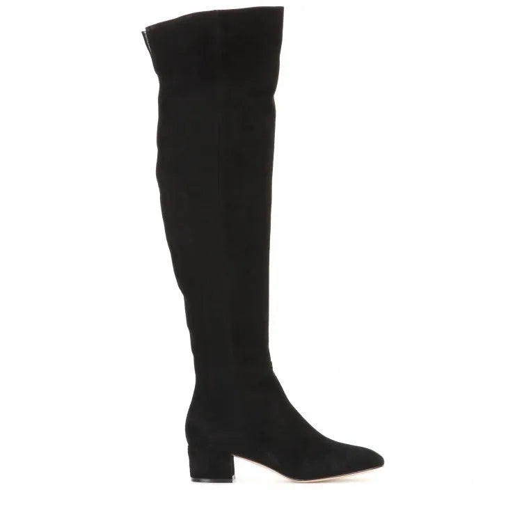 Grey suede women's flat over-the-knee boots with pointed toe and thick rubber sole
