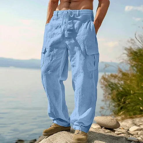 Men's loose thin cotton trousers with wide-leg design in various solid colours