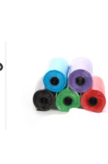 Pack of dog poop bags in six colours black blue green pink purple red sized 22.5x30cm for pet waste