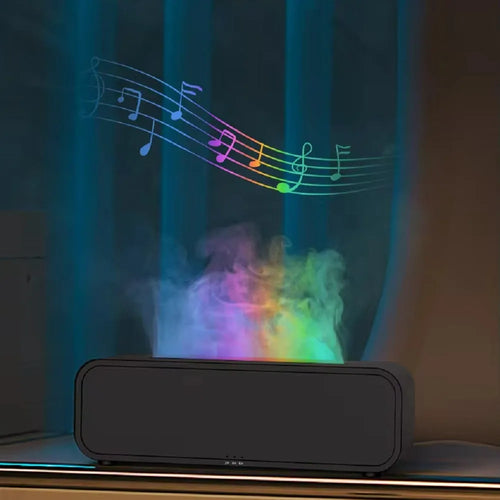 Black and white aroma diffuser with remote control, USB port, flame effect and colour-changing lights