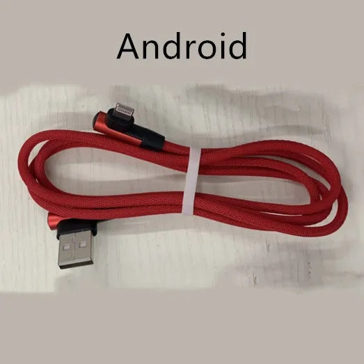 Fast charging USB cable with denim textile exterior and aluminium connectors in black, blue, and red.