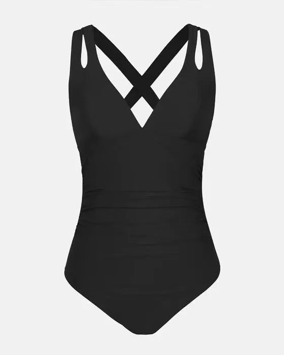 Solid colour one-piece cross shoulder strap swimsuit with nylon lining in image colour
