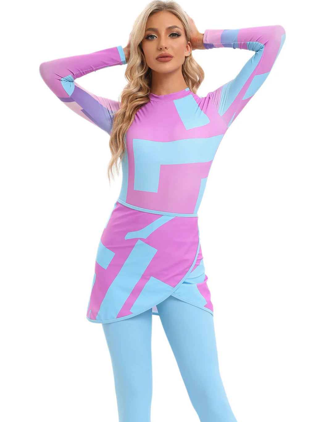 Conservative Muslim swimsuit three-piece set with apron in polyester fabric for beach swimming