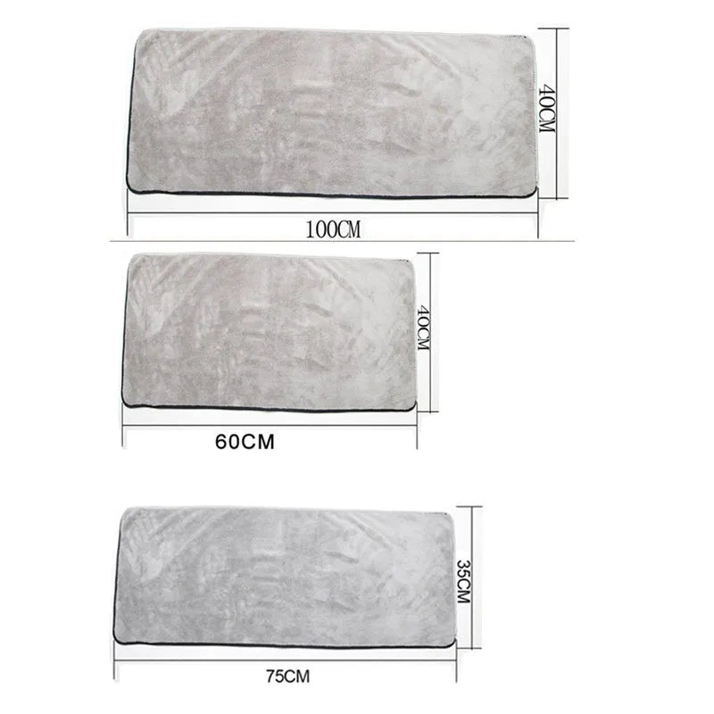 Microfiber car wash towel shown in three size options: 75x35cm, 60x40cm and 100x40cm
