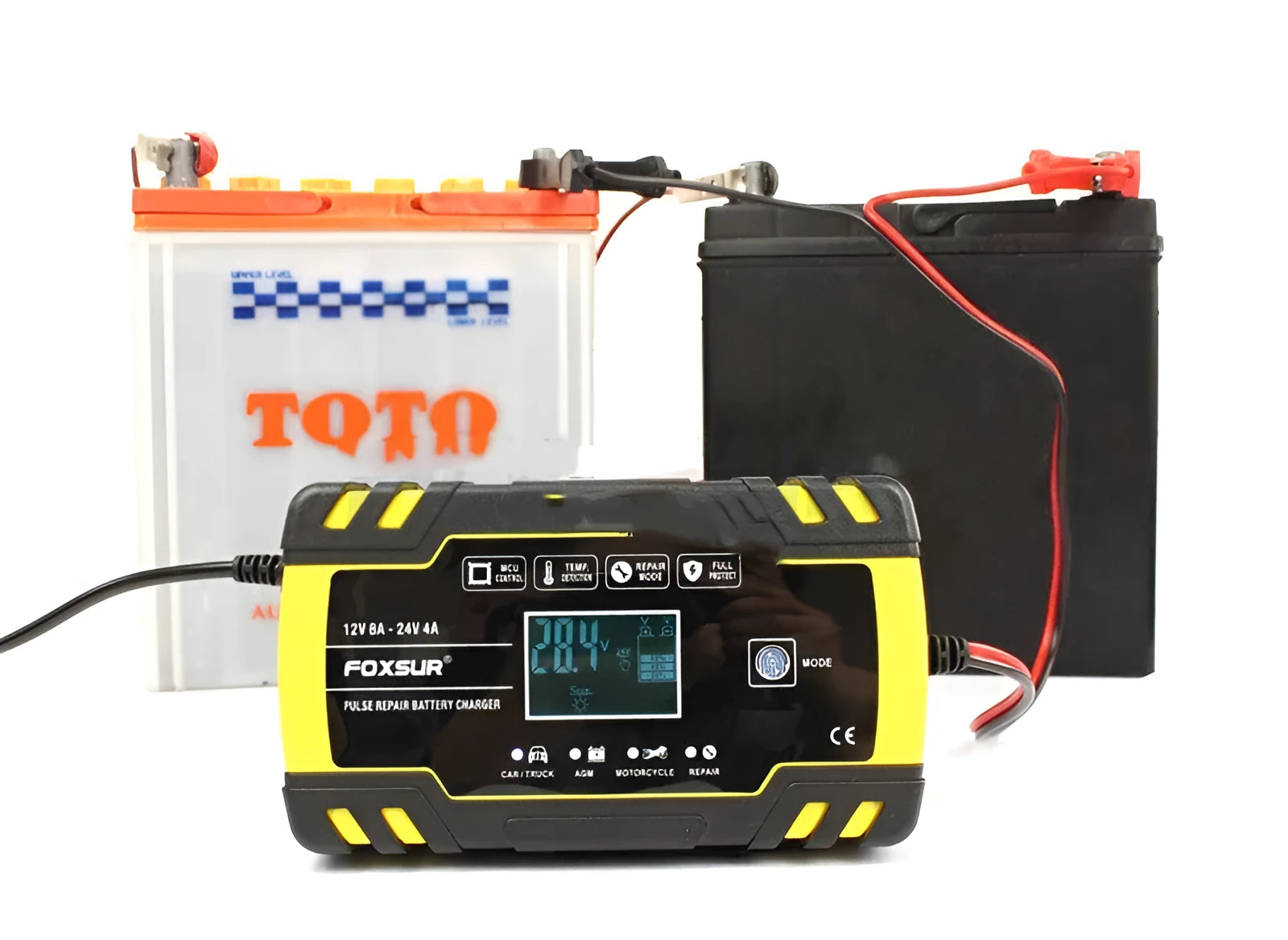 Motorcycle car battery charger with digital screen display showing 12V 24V outputs
