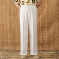 Linen straight-leg trousers with elasticated high waist and lace trim detail in navy blue colour