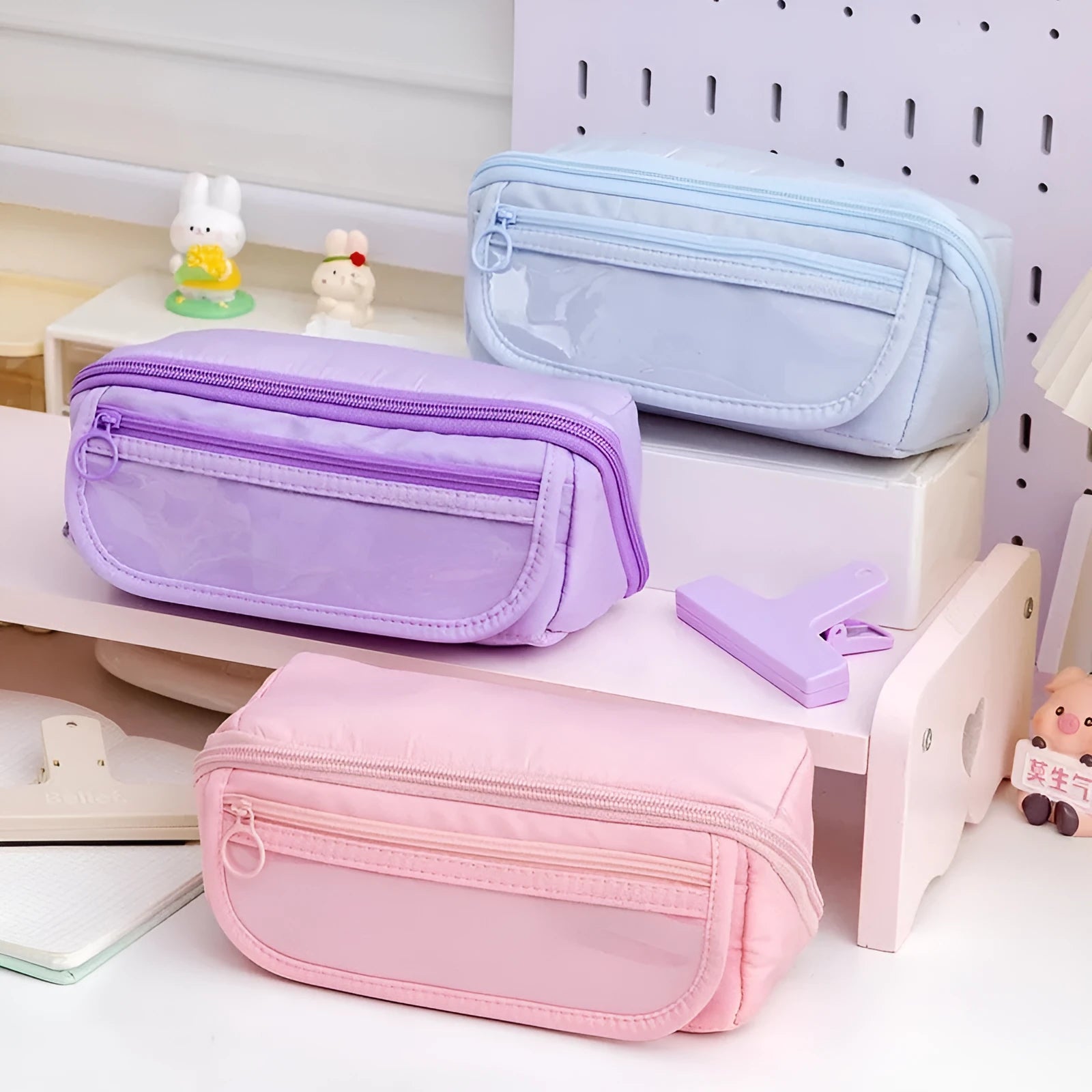 Korean-style multi-layer flip pencil case in canvas material showing six colour options