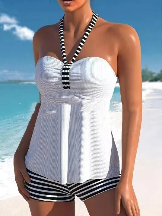 Women's black and white striped off-shoulder swimsuit briefs set