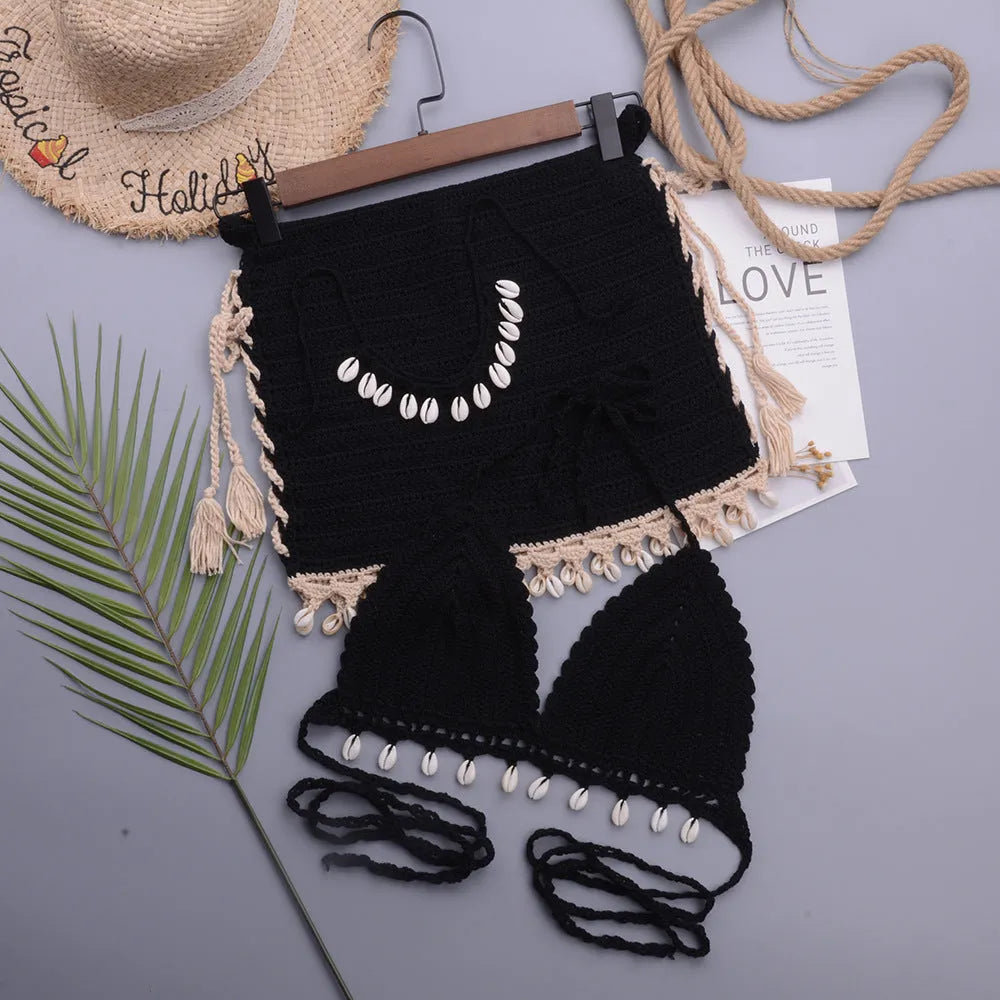 Women's handmade cotton blend split swimsuit set with lace-up detail in apricot colour