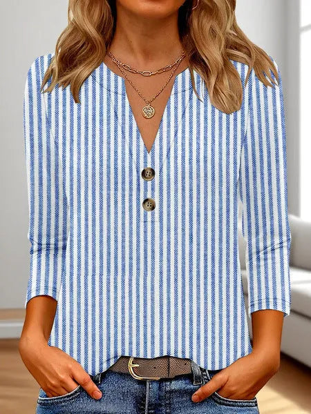 Women's casual V-neck t-shirt with 3D printed pattern showing loose-fit Asian sizing