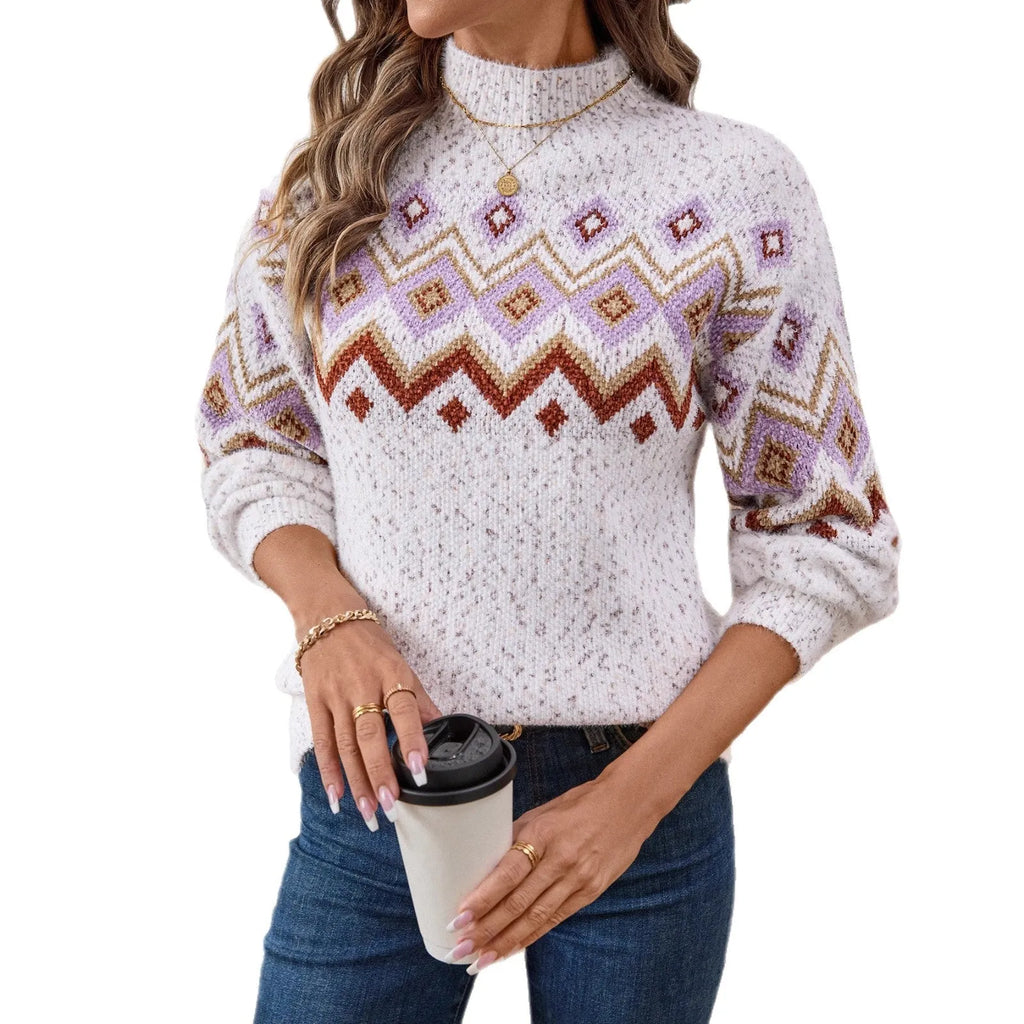White geometric pattern jacquard sweater with a half-turtleneck collar and loose fit.