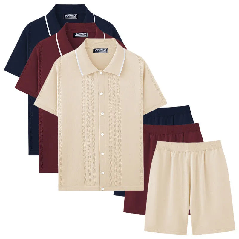 Business casual short sleeve sweater and shorts two-piece set in Tencel fabric, shown in multiple colour options.